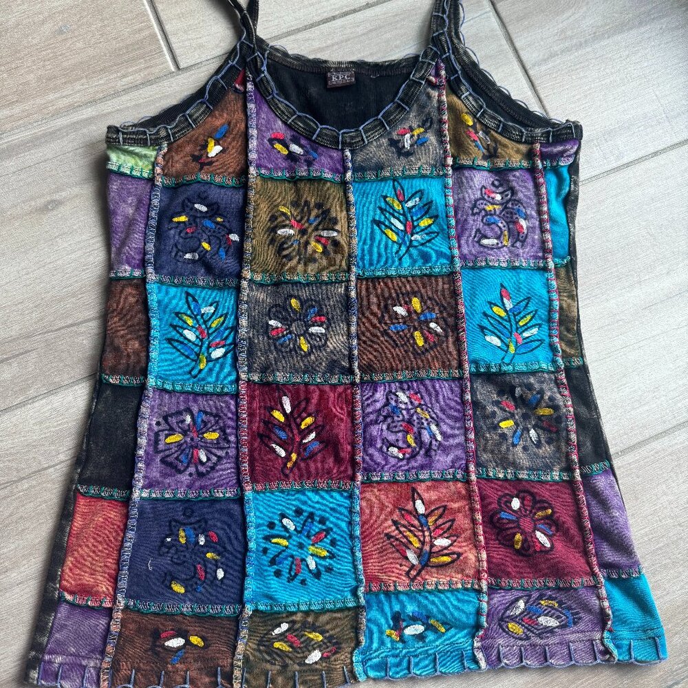 Patchwork Boho Hippie Multicolor Women's Tank Top - Size Large